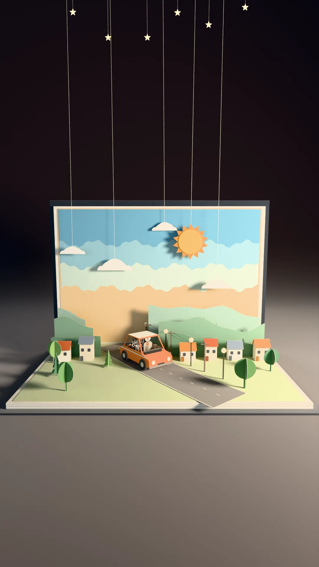 A paper pop-up book with a little paper world: hills, houses and an orange car with Rasko inside.